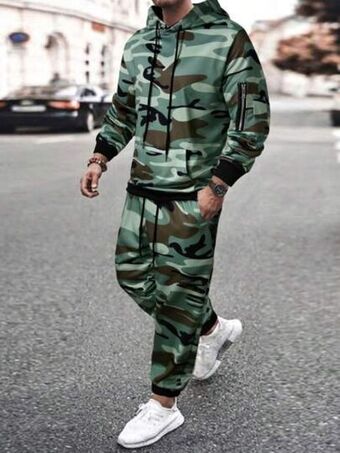 SheIn Men camo print drawstring hoodie & sweatpants offer