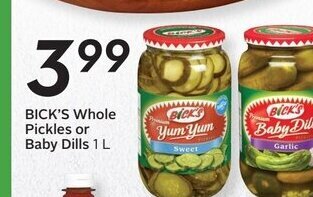 Sobeys BICK'S Whole Pickles or Baby Dills 1 L offer