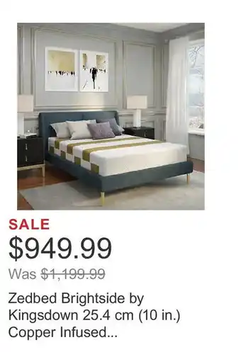 Costco Zedbed Brightside by Kingsdown 25.4 cm (10 in.) Copper Infused... offer