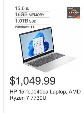 Costco HP 15-fc0040ca Laptop, AMD Ryzen 7 7730U offer