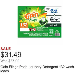 Costco Gain Flings Pods Laundry Detergent 132 wash loads offer