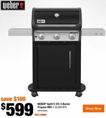 Home Depot WEBER® Spirit E-315 3-Burner Propane BBQ 32,000 BTU (1001543365) offer
