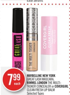 Shoppers Drug Mart Maybelline new york great lash mascara, rimmel london the multi- tasker concealer or covergirl clean fresh lip balm offer