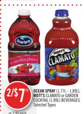 Shoppers Drug Mart Ocean spray (1.77l - 1.89l), mott's clamato or garden cocktail (1.89l) beverages offer