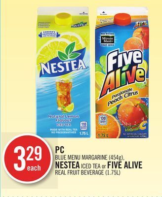 Shoppers Drug Mart Pc blue menu margarine (454g), nestea iced tea or five alive real fruit beverage (1.75l) offer