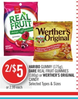 Shoppers Drug Mart Haribo gummy (175g), dare real fruit gummies (180g) or werther's original candy offer