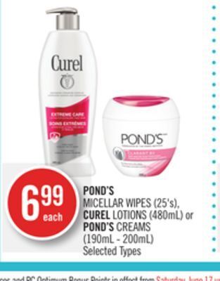 Shoppers Drug Mart Pond's micellar wipes (25's), curel lotions (480ml) or pond's creams (190ml - 200ml) offer
