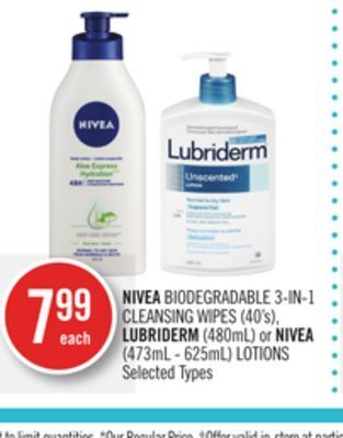 Shoppers Drug Mart Nivea biodegradable 3-in-1 cleansing wipes (40's), lubriderm (480ml) or nivea (473ml - 625ml) lotions offer