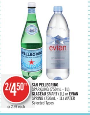 Shoppers Drug Mart San pellegrino sparkling (750ml - 1l), glacéau smart (1l) or evian spring (750ml - 1l) water offer