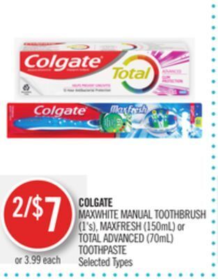 Shoppers Drug Mart Colgate maxwhite manual toothbrush (1's), maxfresh (150ml) or total advanced (70ml) toothpaste offer
