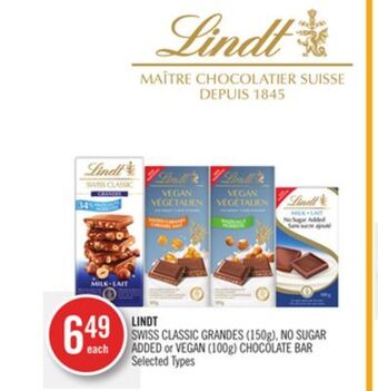 Shoppers Drug Mart Lindt swiss classic grandes (150g), no sugar added or vegan (100g) chocolate bar offer