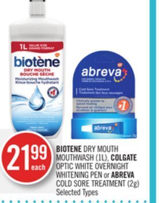 Shoppers Drug Mart Biotene dry mouth mouthwash (1l), colgate optic white overnight whitening pen or abreva cold sore treatment (2g) offer
