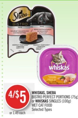 Shoppers Drug Mart Whiskas, sheba bistro perfect portions (75g) or whiskas singles (100g) wet cat food offer