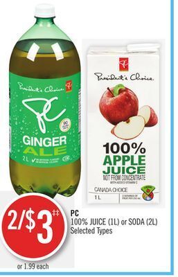 Shoppers Drug Mart Pc 100% juice (1l) or soda (2l) offer