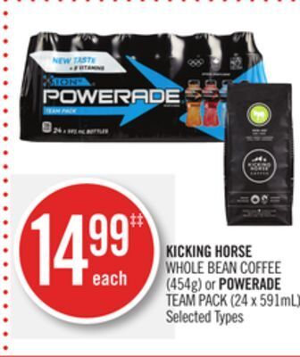 Shoppers Drug Mart Kicking horse whole bean coffee (454g) or powerade team pack (24 x 591ml) offer