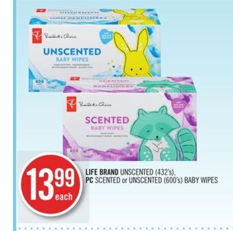 Shoppers Drug Mart Life brand unscented (432's), pc scented or unscented (600's) baby wipes offer