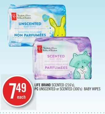 Shoppers Drug Mart Life brand scented (216's), pc unscented or scented (300's) baby wipes offer