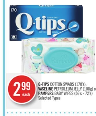Shoppers Drug Mart Q-tips cotton swabs (170's), vaseline petroleum jelly (100g) or pampers baby wipes (56's - 72's) offer