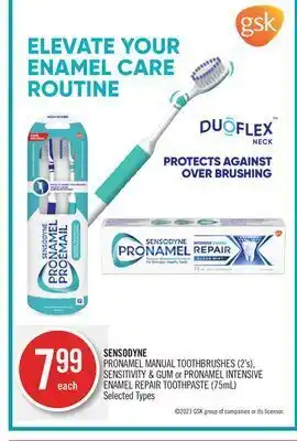 Shoppers Drug Mart Sensodyne pronamel manual toothbrushes 2's sensitivity & gum or pronamel intensive enamel repair toothpaste 75 ml offer