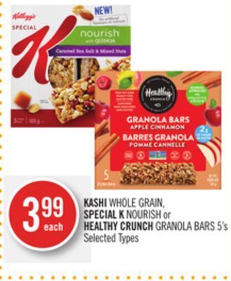 Shoppers Drug Mart Kashi whole grain, special k nourish or healthy crunch granola bars offer