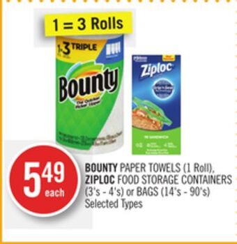 Shoppers Drug Mart Bounty paper towels (1 roll), ziploc food storage containers (3's - 4's) or bags (14's - 90's) offer