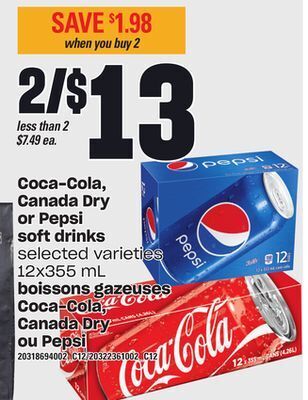 Independent City Market Boissons gazeuses coca-cola, canada dry ou pepsi, 12x355 ml offer
