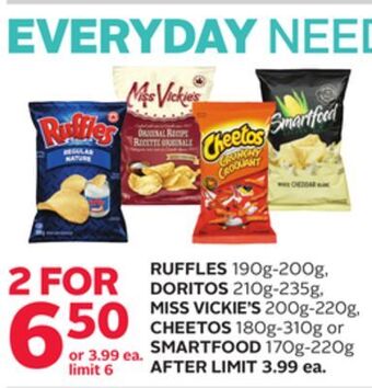 Rexall Ruffles 190g-200g, doritos 210g-235g, miss vickie's 200g-220g, cheetos 180g-310g or smartfood 170g-220g offer