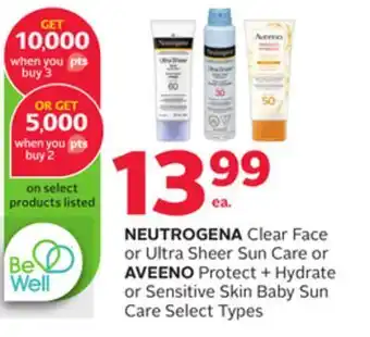 Rexall Neutrogena clear face or ultra sheer sun care or aveeno protect + hydrate or sensitive skin baby sun care offer