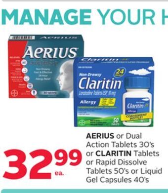 Rexall Aerius or dual action tablets 30' s or claritin tablets or rapid dissolve tablets 50' s or liquid gel capsules 40' s offer