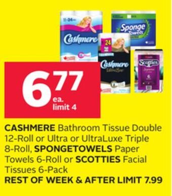 Rexall Cashmere bathroom tissue double 12-roll or ultra or ultraluxe triple 8-roll, spongetowels paper towels 6-roll or scotties fac offer