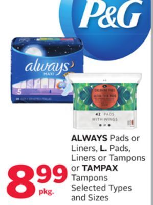 Rexall Always pads or liners, l. pads, liners or tampons or tampax tampons offer