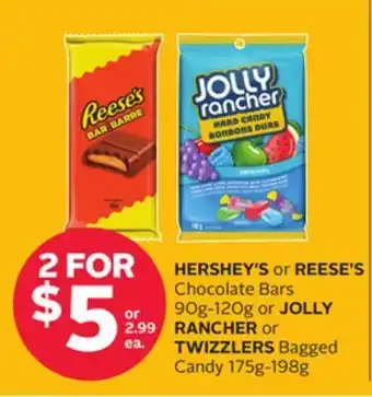 Rexall Hershey's or reese's chocolate bars 90g-120g or jolly rancher or twizzlers bagged candy 175g-198g offer