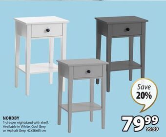 JYSK Nordby 1-drawer nightstand with shelf offer