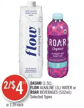 Shoppers Drug Mart Dasani, flow alkaline water or roar beverages offer