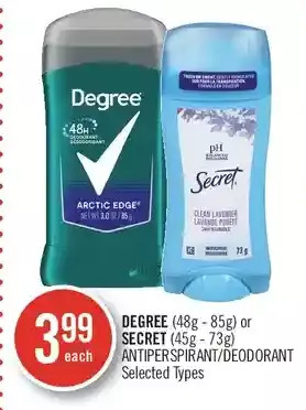 Shoppers Drug Mart Degree or secret antiperspirant/deodorant offer