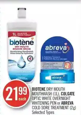 Shoppers Drug Mart Biotene dry mouth mouthwash, colgate optic white overnight whitening pen or abreva cold sore treatment offer