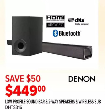 2001 Audio Video Denon low profile sound bar & 2-way speakers & wireless sub offer