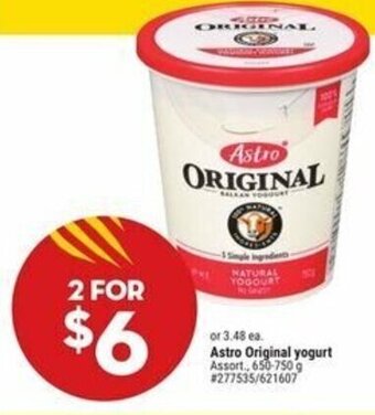 Giant Tiger Astro Original yogurt Assort, 650-750 g offer