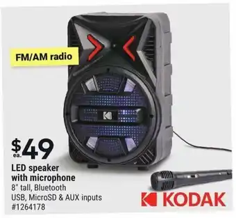 Giant Tiger KODAK LED speaker with microphone 8" tall, Bluetooth USB, MicroSD & AUX inputs offer