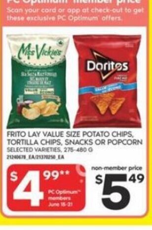 Extra Foods FRITO LAY VALUE SIZE POTATO CHIPS, TORTILLA CHIPS, SNACKS OR POPCORN SELECTED VARIETIES, 275-480 G offer