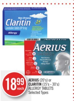 Shoppers Drug Mart Aerius (20's) or claritin (15's - 30's) allergy tablets offer