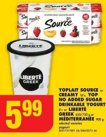 No Frills Yoplait source or creamy yop no added sugar drinkable yogurt or liberté greek or méditerranée offer