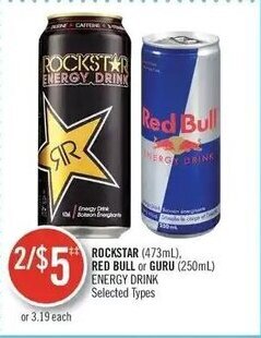Shoppers Drug Mart ROCKSTAR (473mL). RED BULL or GURU (250mL) ENERGY DRINK offer