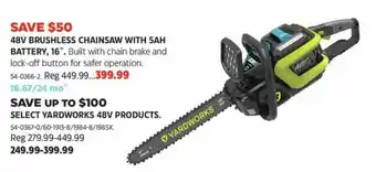 Canadian Tire 48V BRUSHLESS CHAINSAW WITH SAH BATTERY, 16" offer