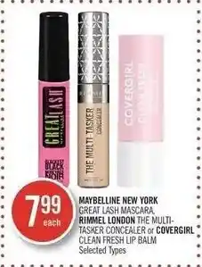 Shoppers Drug Mart MAYBELLINE NEW YORK GREAT LASH MASCARA RIMMEL LONDON THE MULTI- TASKER CONCEALER or COVERGIRL CLEAN FRESH LIP BALM offer