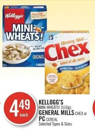 Shoppers Drug Mart KELLOGG'S MINI-WHEATS! (510g), GENERAL MILLS CHEX or PC CEREAL offer