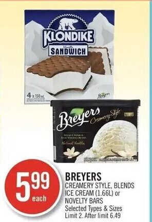Shoppers Drug Mart BREYERS CREAMERY STYLE, BLENDS ICE CREAM (1.66L) or NOVELTY BARS offer