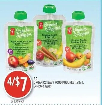 Shoppers Drug Mart PC ORGANICS BABY FOOD POUCHES 128mL offer