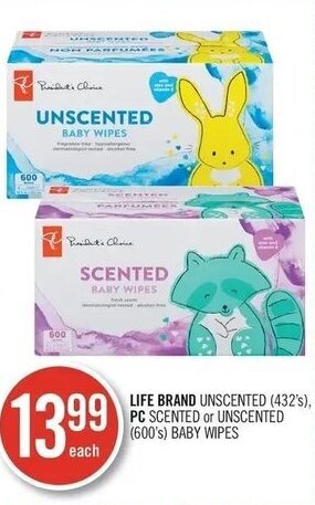 Shoppers Drug Mart LIFE BRAND UNSCENTED (432's), PC SCENTED or UNSCENTED (600's) BABY WIPES offer