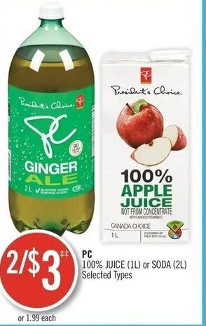 Shoppers Drug Mart PC 100% JUICE (1L) or SODA (2L) offer